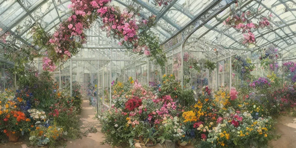 Prompt: a beautifull intricate watercolor painting of greenhouse with flowers, reflexions, verry high details, colorfull, by william turner art, by greg rutkowski, by alphonse mucha, by james jean, by rossdraws, by frank franzzeta, by sakimichan, trending on artstation, very very detailed, masterpiece,