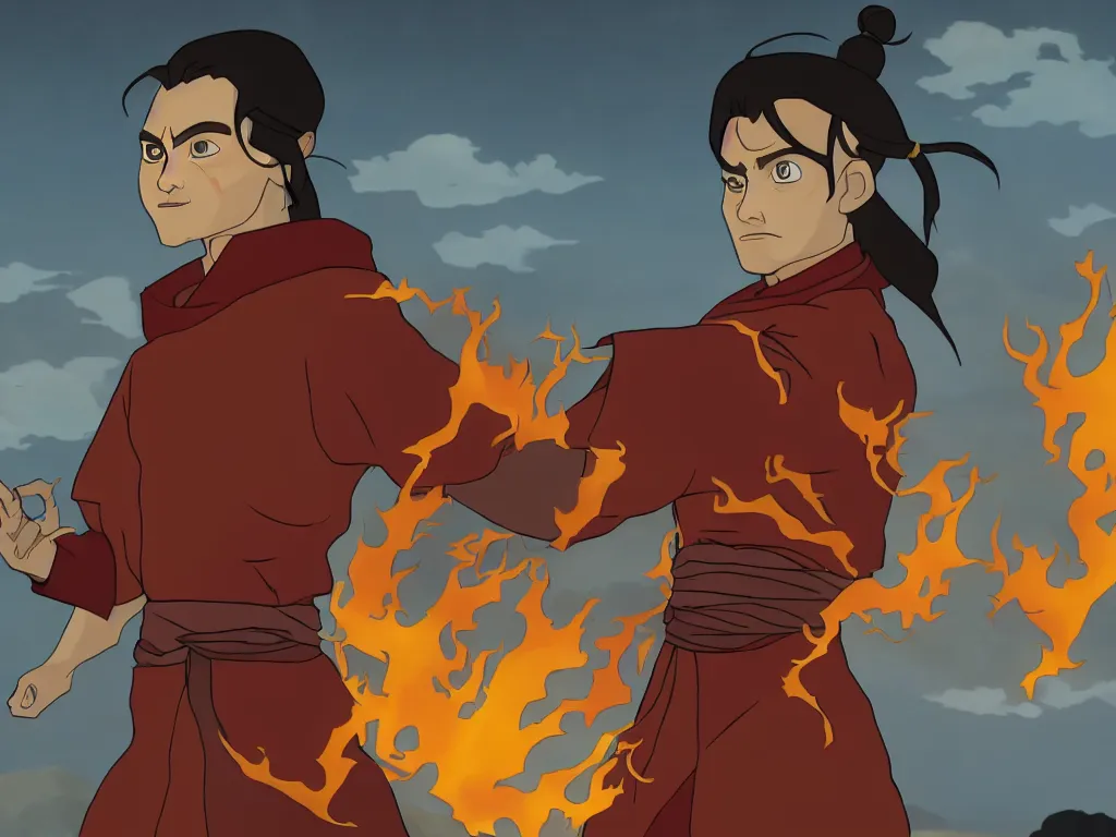 Image similar to elijah wood as fire lord ozai, firebending, in the style of avatar the last airbender, 4 k, intense