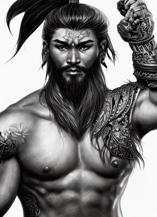 Prompt: a highly detailed illustration of serious long haired tattooed asian tribal warrior man, heroic pose, muscular, intricate, elegant, highly detailed, centered, digital painting, artstation, concept art, smooth, sharp focus, league of legends concept art, wlop.