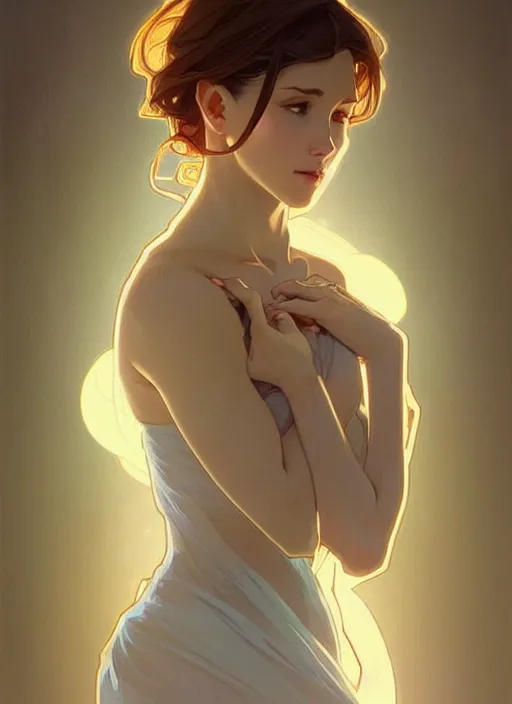 Image similar to digital character concept art by artgerm greg rutkowski alphonse mucha sylvain sarrailh. clear portrait of a shy modern wife blessed by god to grow immaculately fertile and perfect!! blonde, in clothes! holy body! light effect. hyper detailed, glowing lights!! intricate, elegant, digital painting, artstation, smooth, sharp focus