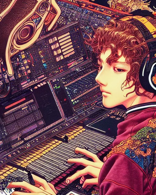 Image similar to hyper detailed illustration of a beat producer, intricate linework, lighting poster by moebius, ayami kojima, 9 0's anime, retro fantasy