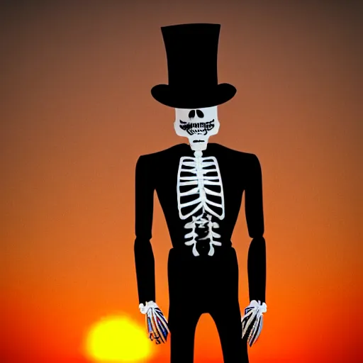 Image similar to Photograph of skeleton wearing a suit and top hat at sunset. cinematic, hyper realism, high detail