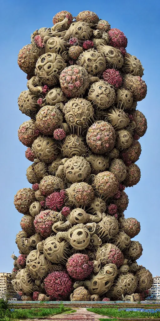 Image similar to colossal grotesque flower made from best unfulfilled mankind projects in the middle of abandoned post soviet constructivist cityscape, Stalinist architecture, ultradetailed, Intricate by Hayao Miyazaki and Josan Gonzalez and Makoto Shinkai and Giuseppe Arcimboldo and Wes Anderson