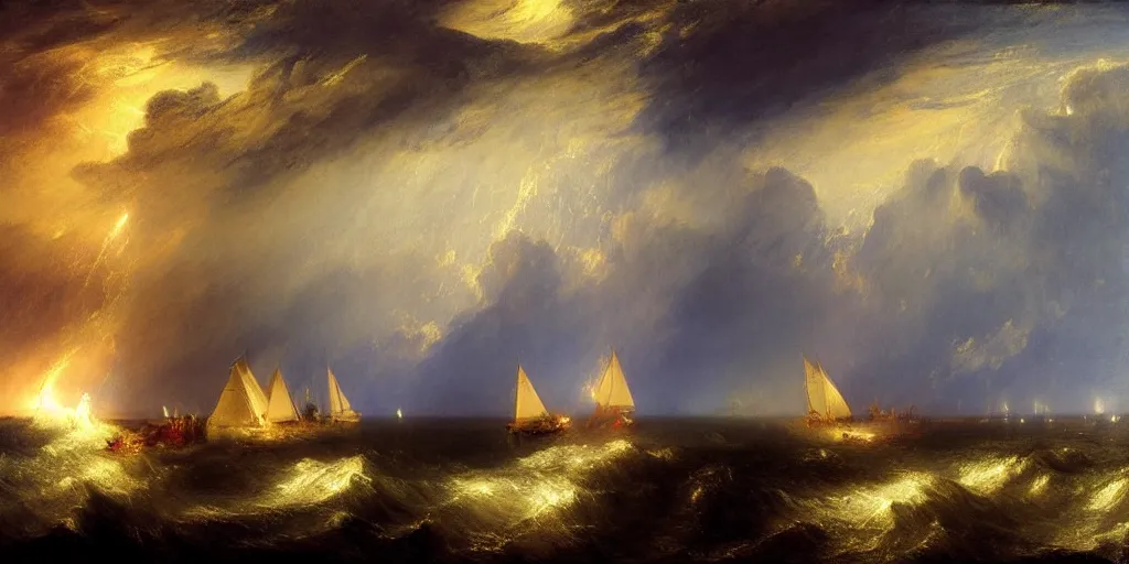 Prompt: a storm in the sea, dark night, lightning, big waves, sailboats, bluish color, dramatic lighting, ivan aivazovski, studio photograph, turner