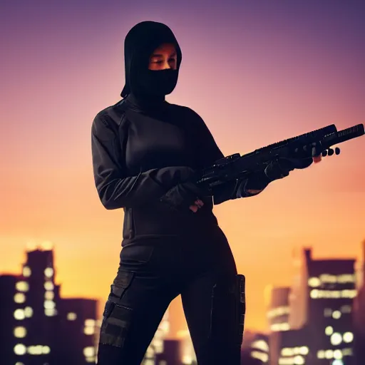 Image similar to photographic portrait of a techwear woman holding a Glock 18, closeup, on the rooftop of a futuristic city at night, sigma 85mm f/1.4, 4k, depth of field, high resolution, 4k, 8k, hd, full color