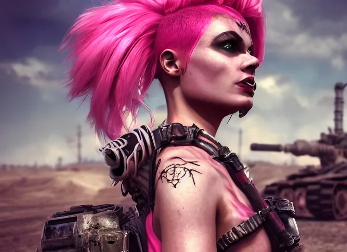 Image similar to beautiful apocalyptic woman with pink Mohawk, posing on mad max panzer tank, 4k ultra hd, fantasy dark art, artstation, octane render