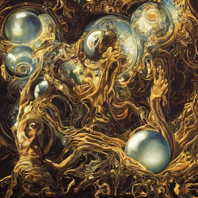 Prompt: a marble statue of a futuristic aliens reaching through an ornately decorated framed painting, arms outstretched, hands holding big glowing orbs, pulp sci - fi art for omni magazine. high contrast. baroque period, oil on canvas. renaissance masterpiece,