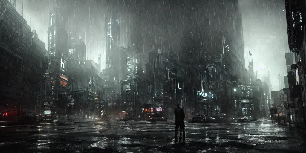 Prompt: uncanny valley, dark grotesque nocturne cyberpunk city, armed and dangerous, night, rain, black, grey, white, realistic 4 k octane beautifully detailed render, 4 k post - processing, highly detailed, intricate complexity, epic composition, magical atmosphere, cinematic lighting, masterpiece, ultra hd