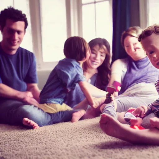 Prompt: baby mark zuckerberg and john mayer playing nintendo with their parents and their best friends look on. 3 k, depth of field, bokeh