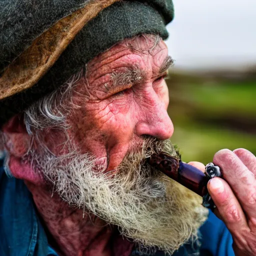 Prompt: close - up image of an old cornish fisherman with green eyes, smoking a pipe. high detail. headshot photography
