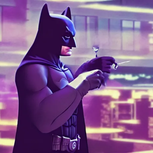 Prompt: movie still of batman drinking tea, vaporwave