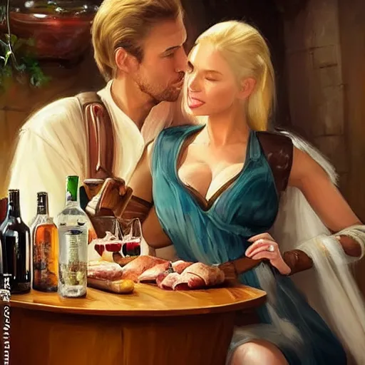 Prompt: (Boba Fett) and a beautiful young blonde drinking beer in a wine cellar, food, meat, schnapps, torches on the wall, romantic, inviting, cozy, painting by Vladimir Volegov