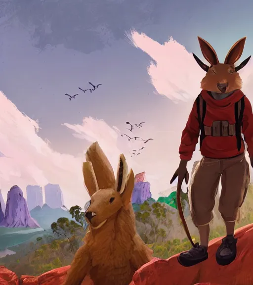 Image similar to stylized three quarters portrait concept art of the anthro anthropomorphic kangaroo roo head animal person fursona wearing clothes hiker adventurer standing in australia outback, hidari, color page, tankoban, 4 k, tone mapping, akihiko yoshida, clean bright happy