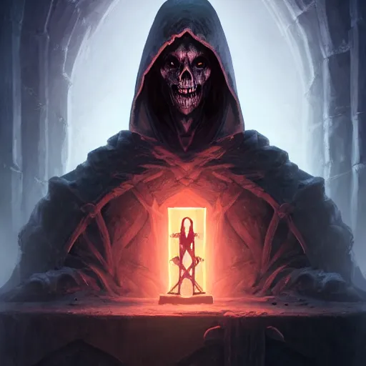 Image similar to necromancer sitting on a throne inside dungeon crypt, wearing a dark hood and completely blank mask, gray stone wall behind him by Stanley Artgerm Lau, WLOP, Rossdraws, James Jean, Andrei Riabovitchev, Marc Simonetti, and Sakimichan, Unreal Engine, 4k, trending on Artstation