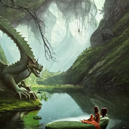 Image similar to Green Dragon, resting at a pond, underground, mountainous area, trees in the background, oil painting, by Fernanda Suarez and Greg Rutkowski
