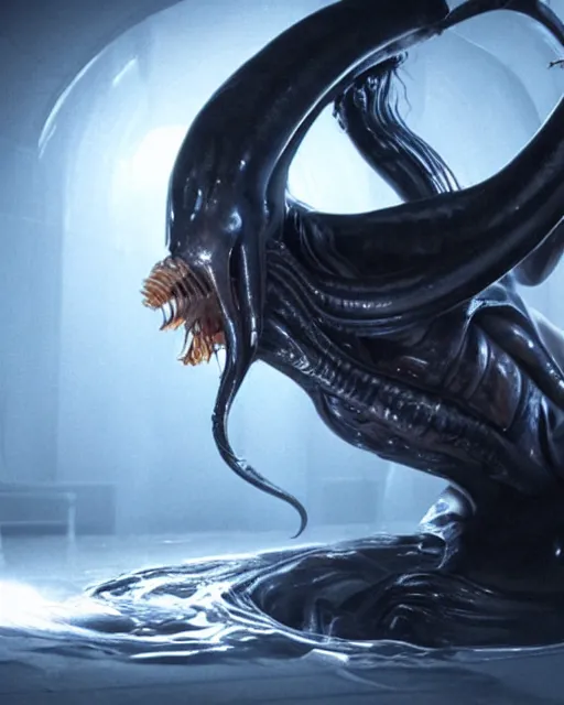 Image similar to cinematic still of kim kardashian being mouth fed by an xenomorph in a transparent alien liquid, wet flowing hair, gooey skin, illustration, unreal engine 5, 8 k, directed by h. r. giger.