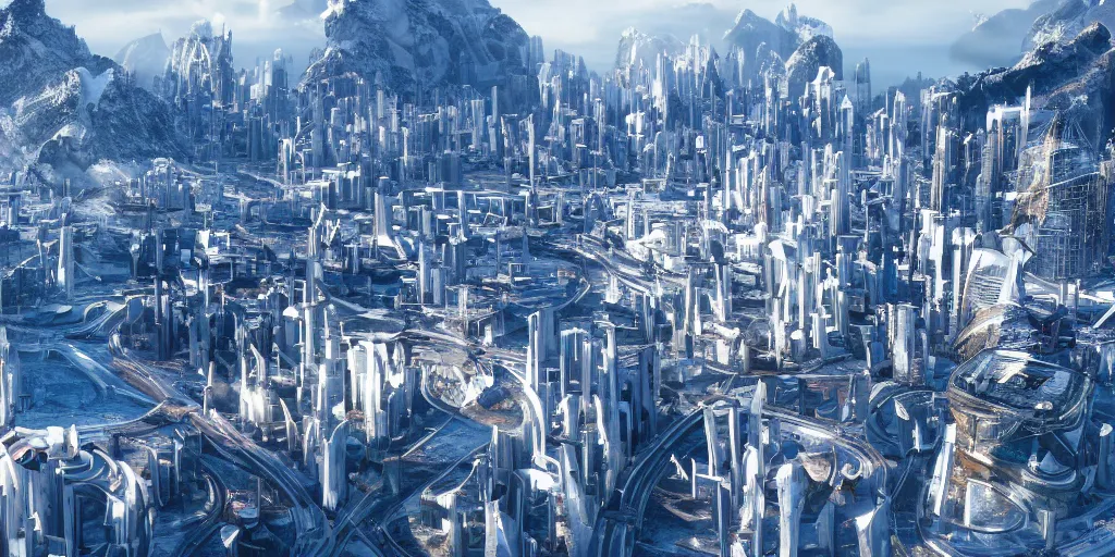 Image similar to A coastal city near some snow-capped mountains, sci-fi, 8k photorealistic, close-up photo, futuristic architecture