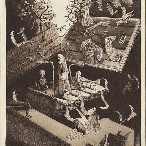 Image similar to box of ghosts, by M.C. Escher, by Joseph Cornell, by Francisco Goya, fairy-tale illustration style, very detailed, colorful, beautiful, eerie, surreal, psychedelic