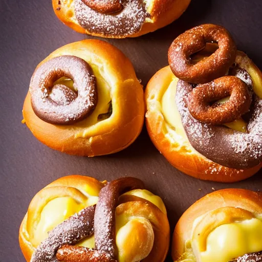 Prompt: menu photo of classic Pretzel, Hamburger, with crispy bun-topped choux pastry encasing mounds of silky praline maionese, esthetic photo, macro lens