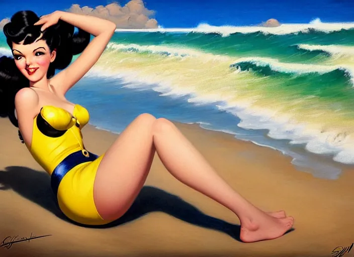 Image similar to the style of the artist gil elvgren, a girl with black hair, overwatch tracer, with a very beautiful symmetrical face, a smile on her face, tanned skin, in a yellow bikini, against the background of a sea beach, in art style, high detail, digital painting, hyperrealism