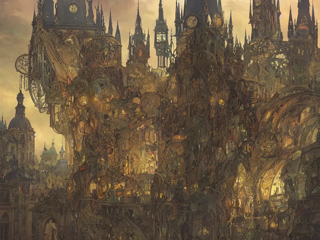 Image similar to a bell jar containing a city resembling prague, paris, and venice at dusk, intricate, elegant, highly detailed, digital painting, artstation, concept art, smooth, sharp focus, colored illustration for tattoo, art by krenz cushart and artem demura and alphonse mucha,