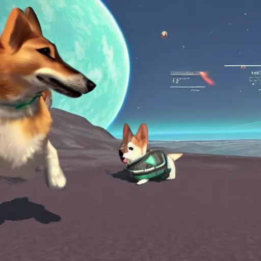 Prompt: Corgis in no man's sky in video game style