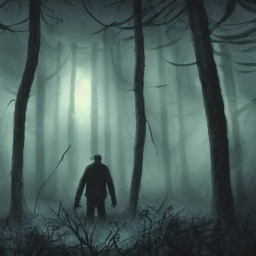 Image similar to man looking at camera in the forest, night time, surrounded by tall faceless creatures, horror, dark, eldritch, grainy film, artstation, realistic, detailed