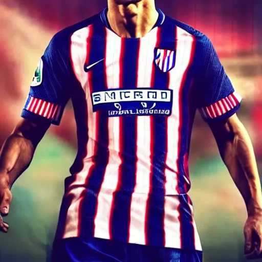 Prompt: cristiano ronaldo dressed with the atletico de madrid football team shirt, 4 k extremely photorealistic, high contrast colors, hyper detailed!!