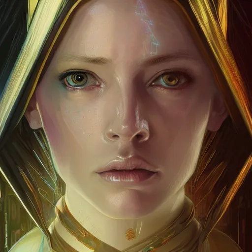 Image similar to cyberpunk galadriel, ethereal, half-body portrait, Lord of the Rings, Neuromancer, science fantasy, portrait, highly detailed, digital painting, artstation, concept art, sharp focus, illustration, art by artgerm and greg rutkowski and magali villeneuve, red white and gold color scheme