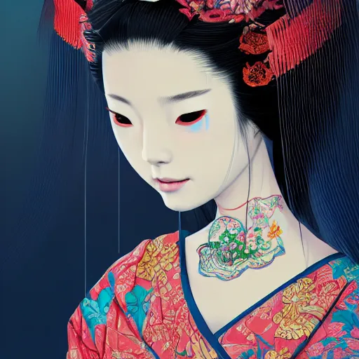 Image similar to the portrait of an unbelievably beautiful, elegant, sensual, and sophisticated young japanese geisha, an ultrafine detailed illustration by james jean, intricate linework, bright colors, final fantasy, behance contest winner, vanitas, angular, altermodern, unreal engine 5 highly rendered, global illumination, radiant light, detailed and intricate environment