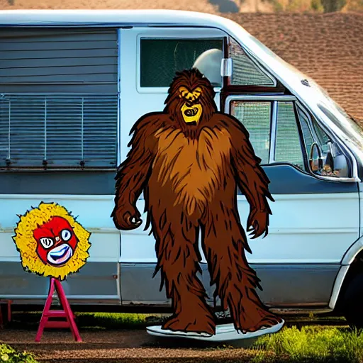 Image similar to bigfoot stomping on top of roof of clown van