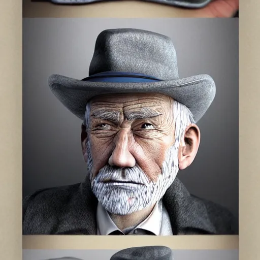 Image similar to realistic renderings of very old man portrait with a hat, astonishing scenes, photorealism