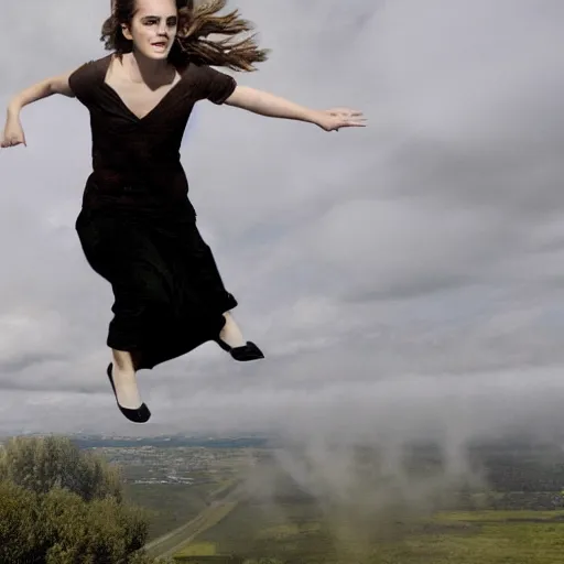 Image similar to Emma Watson flying in the clouds