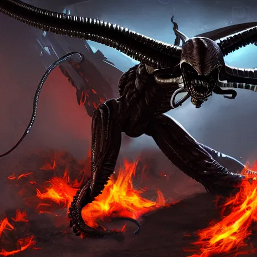 Image similar to Xenomorph holding a fire sword, 8K, realistic digital art