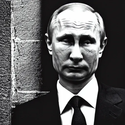 Image similar to a very sad and old wrinkled vladimir putin ( ( in prison clothes sitting on prison bench in prison ) ). detailed professional 3 5 mm black and white photo by don mccullin and anders petersen world press photo award