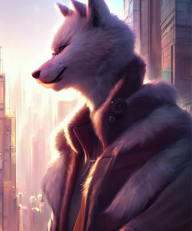 Prompt: male anthropomorphic furry | in cyberpunk city | cute - fine - face, pretty face, key visual, realistic shaded perfect face, fine details by stanley artgerm lau, wlop, rossdraws, james jean, andrei riabovitchev, marc simonetti, and sakimichan, trending on artstation