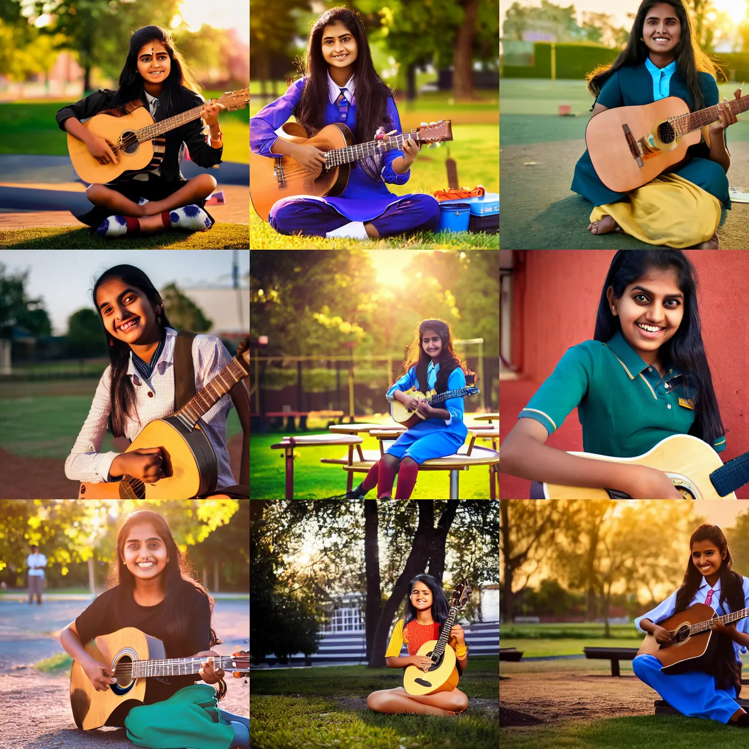 Prompt: A young Indian woman in school uniform sitting, playing a guitar, on the school playground, smiling, golden hour, dramatic lighting, extremely detailed