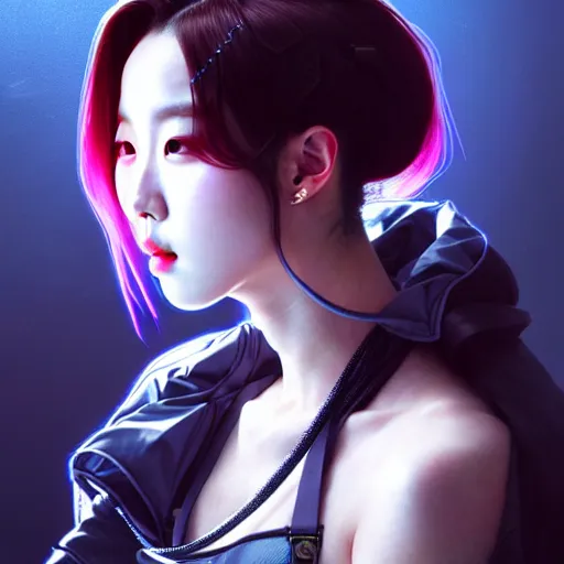 Image similar to portrait painting of kpop artist sunmi as a cyberpunk technician, ultra realistic, concept art, intricate details, eerie, highly detailed, photorealistic, octane render, 8 k, unreal engine. art by artgerm and greg rutkowski and magali villeneuve and alphonse mucha