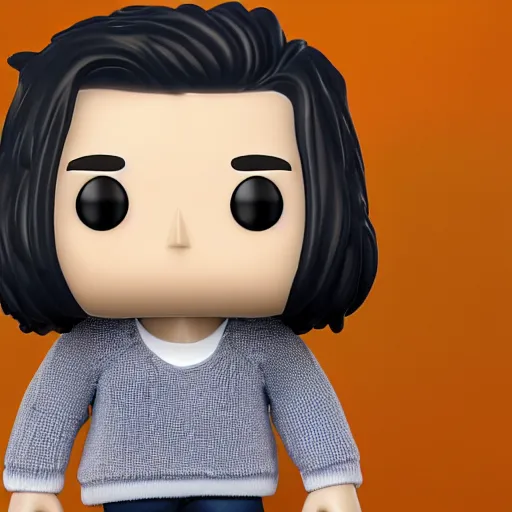 Image similar to a 21 year old skinny white programmer guy with no beard and black hair on top, short on sides, in a navy blue sweater, jeans and grey shoes funko pop close up highly detailed photo