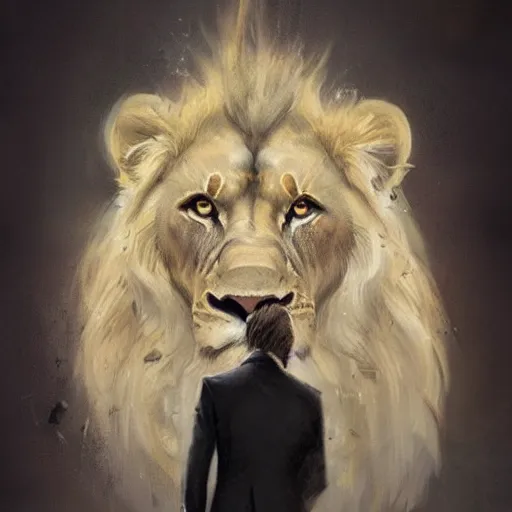 Image similar to A portrait of Lion, in a suit, fantasy art, art by greg rutkowski, matte painting, trending on artstation