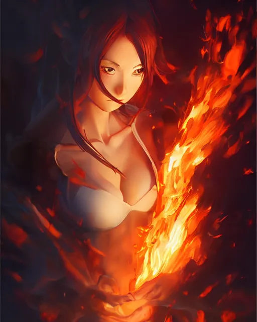 Image similar to the goddess of fire, spunk and intense beauty, full shot, atmospheric lighting, detailed face, one piece style, by makoto shinkai, stanley artgerm lau, wlop, rossdraws