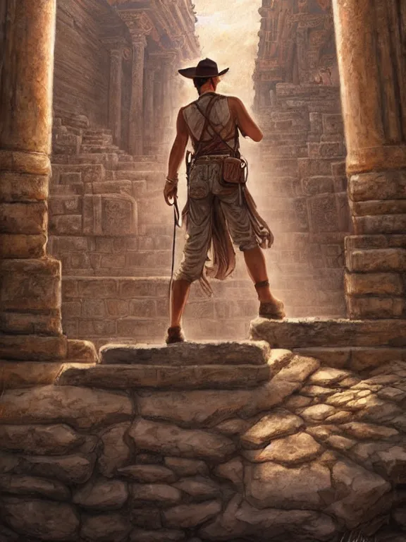 Image similar to indiana jones standing in front of an ancient temple, digital painting, extremely detailed, 4 k, intricate, artgerm, by zhenyu liu
