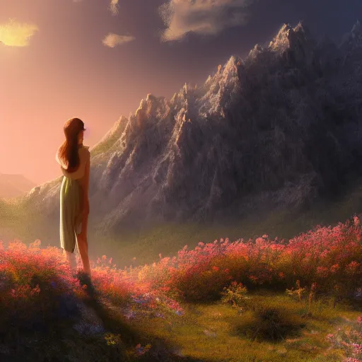 Prompt: highly detailed landscape, scene of natural innate artstation style, artstation form, a girl stood in the blossoming sunset valley, pondering the mountains in the distance. peaceful pastel palette, matte painting