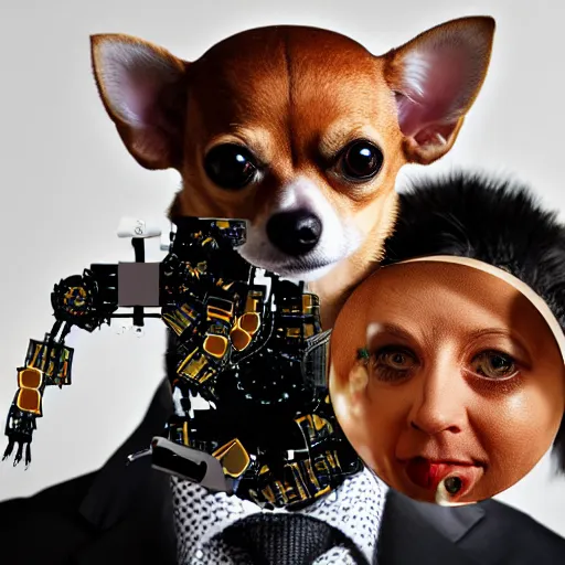 Image similar to professional portrait photo of a humanoid, with robotic parts on his face, honey color chihuahua dog, digital - art woman with a suit super hero