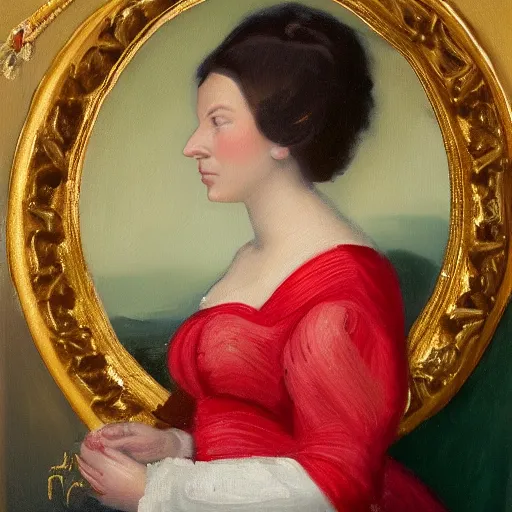 Image similar to an oil painting of a woman seated in profile, holding a small white ermine in her left hand. She is dressed in a lavish red and gold gown, and her dark hair is pulled back from her face in a severe style. Her expression is one of calm detachment, and she stares straight ahead with a slight smile on her lips. The painting is executed in the Renaissance style, with the sitter placed within an ornate setting. light and shadow creates a sense of depth and volume, and the use of color is quite striking. The lady's gown is a rich red, which contrasts sharply with the white of the ermine. There is a great deal of detail in the painting, from the folds of the lady's gown to the individual hairs of the ermine's coat.