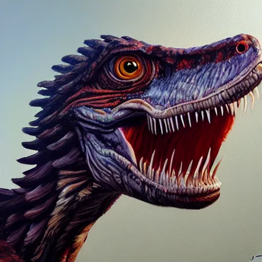 Image similar to oil painting of a velociraptor on canvas, by James gurney, realism, warm lighting, award winning, high detail, professional, volumetric lighting