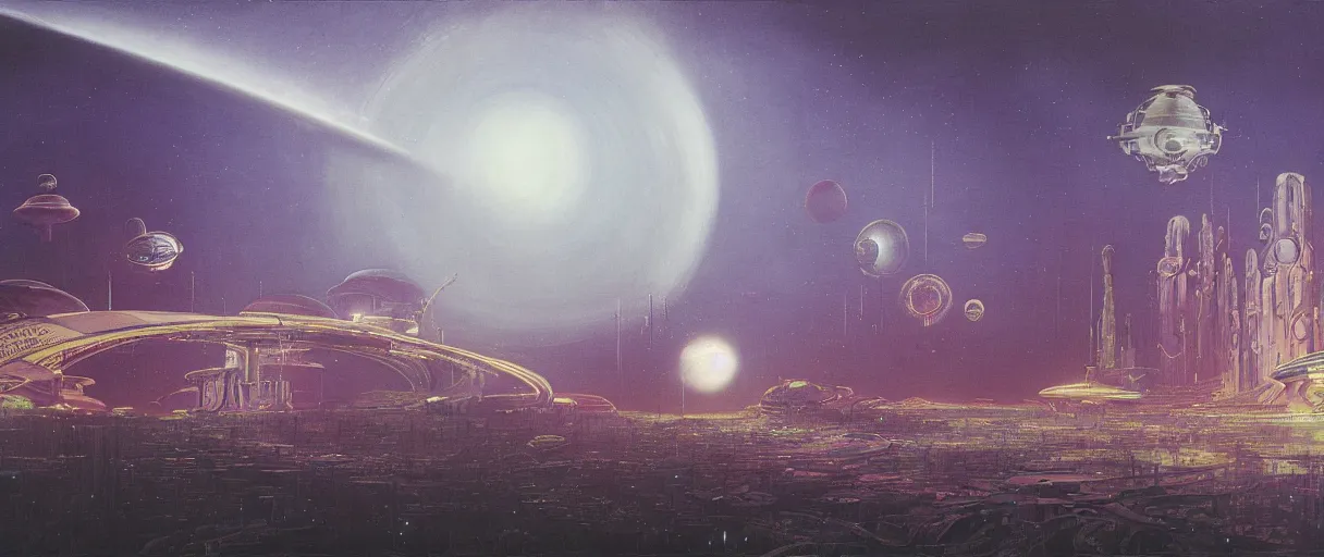 Image similar to a wide shot of a large distant hi-tech sci-fi Utopian spaceship, with a lot of bright color lights, bridges, turrets, pipes, orbiting a gas giant planet, beautiful, solarpunk, volumetric light, photography, color, intricate, extremely detailed, photorealistic, a painting by Beksinski