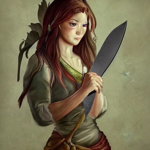 Prompt: historic fantasy, portrait of a determined elven woman, chef's clothing, raining, kitchen knife, city market, depth, digital art, dramatic lighting