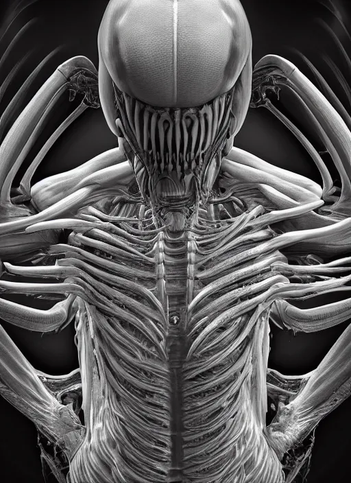 Image similar to : high resolution mri scan with contrast, xenomorph xx 1 2 1, hyper realistic, medical imaging, bilateral symmetry, by hr giger, ultra detail, unreal engine, octane rende,