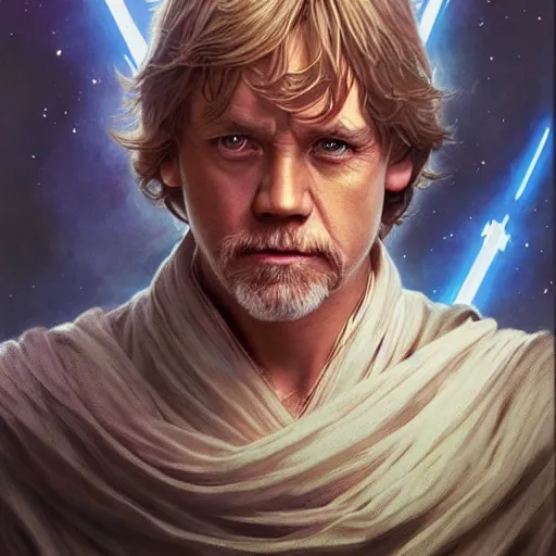 Image similar to luke skywalker grand master jedi from legends books, jedi from star wars, intricate detailed face, artgerm, greg rutkowski, alphonse mucha